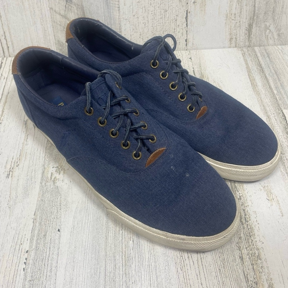 Polo Ralph Lauren Vaughn Canvas Low Sneaker size 12 Navy Brown Pony Embroidered‎